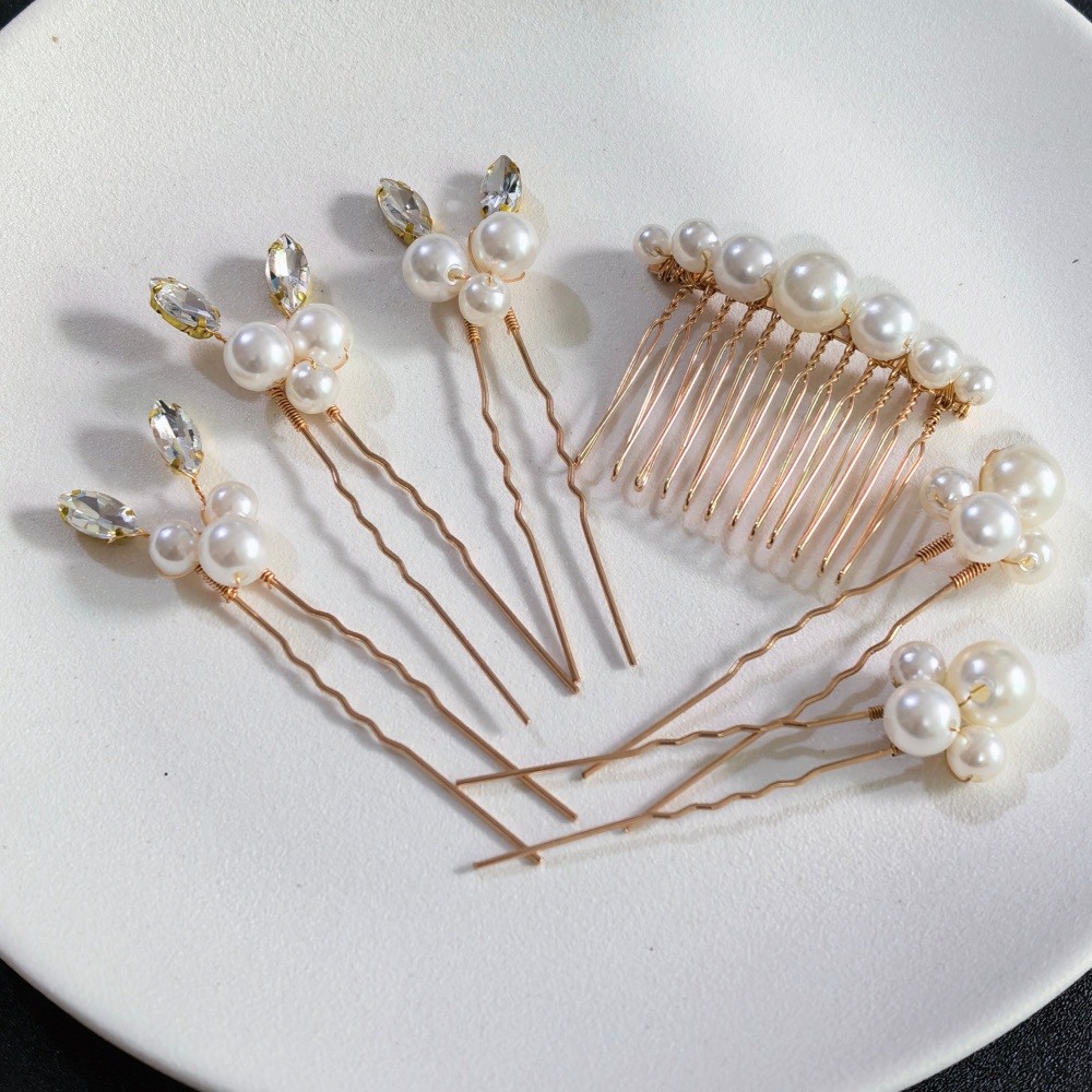 Women Accessories For Hand - Pearl Crystal Hair Pins Comb Set